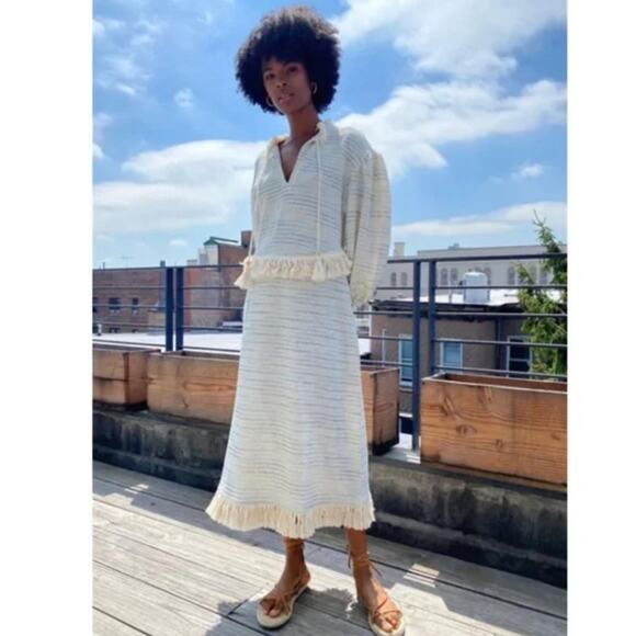 Something Navy Piper Fringe Dress Boho Tasseled Knitted Midi Cream Medium - Picture 3 of 9